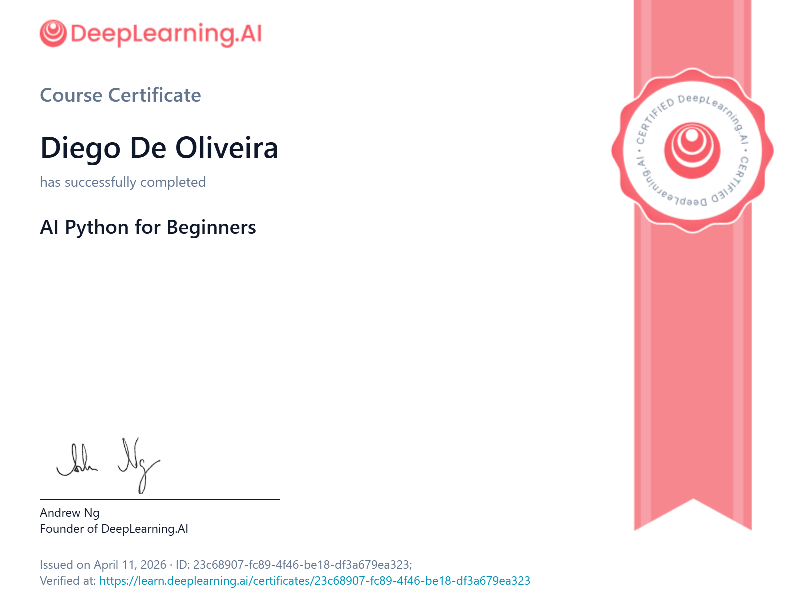 Certifcation Python Andrew Ng (Stanford/DeepLearning.ia)